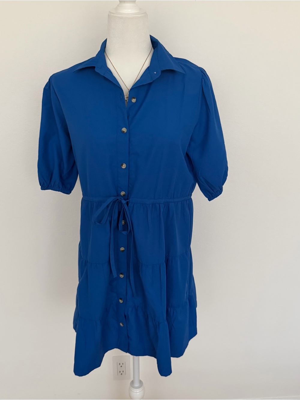 NWT Style House Royal Blue Tiered Button Front Shirt Dress Drawstring Waist M